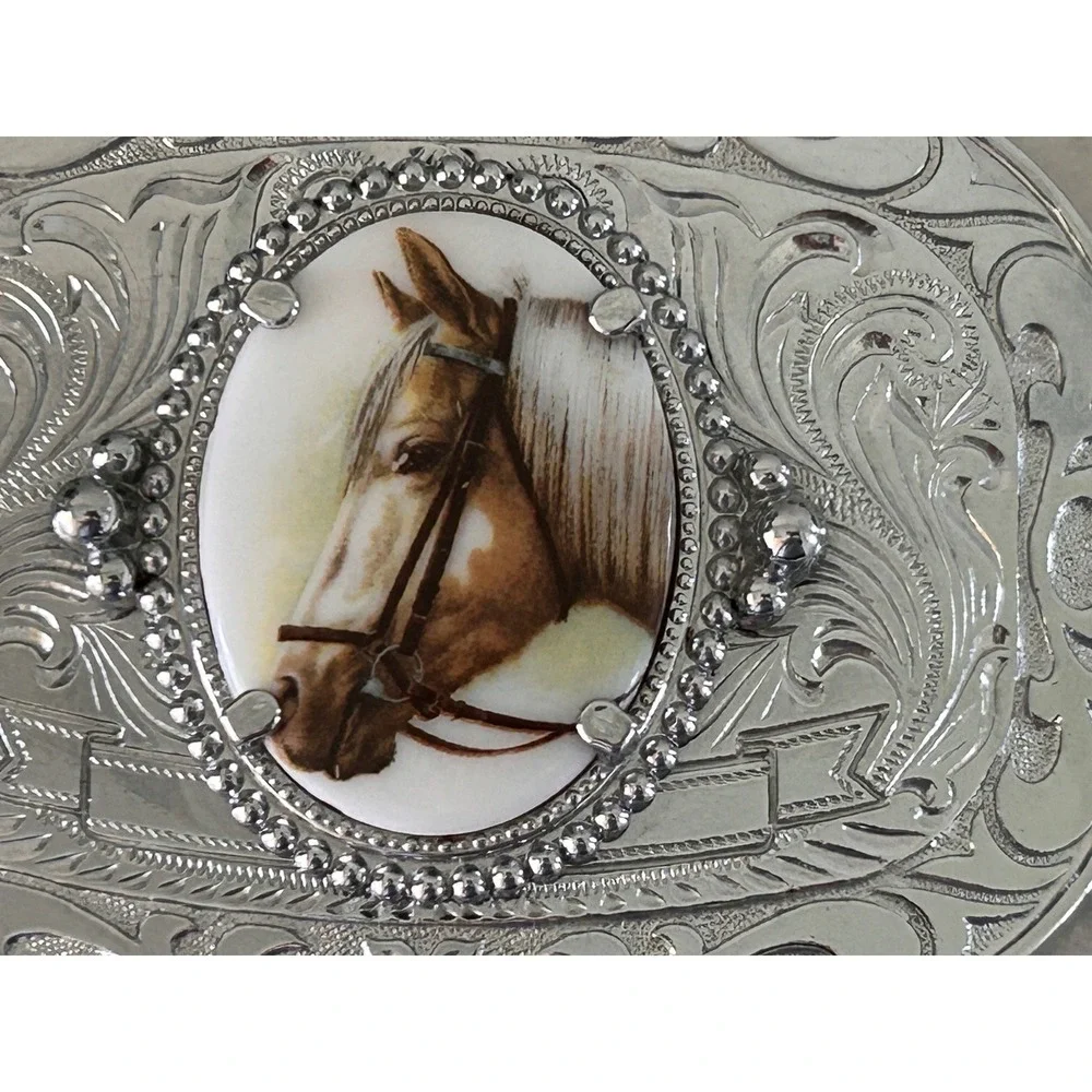 Vintage Western Horse Belt Buckle Silver Tone Engraved Floral Equestrian Oval